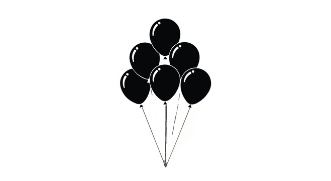 A bunch of black balloons floating upwards on strings against a white background