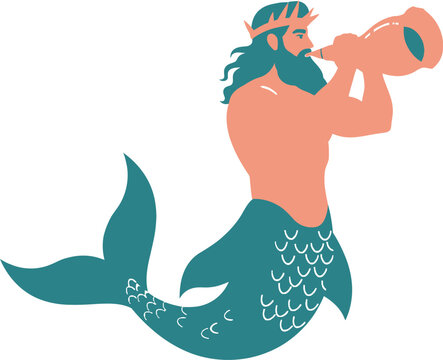 Merman blowing a shell horn loudly.