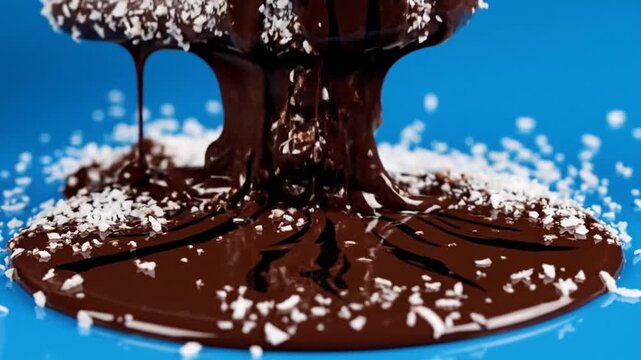 Luxurious chocolate dessert pouring over coconut covered popsicle on a vibrant blue background