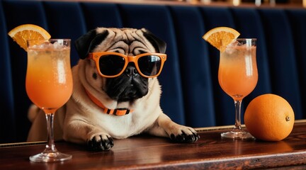 Obraz premium Pug dog wears orange sunglasses. Dog rests near two cocktails and orange fruit. Dog sits at bar counter with navy blue background. Cool doggy enjoys vacation vibes and refreshing drinks.