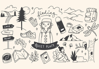 Obraz premium Set of finding quiet place doodle illustration with nature elements and camping activities.