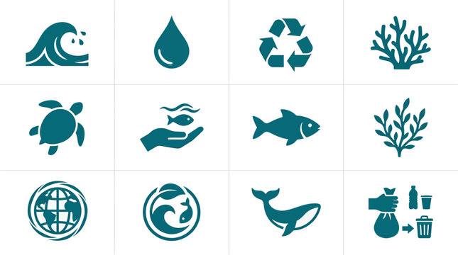 A collection of teal icons representing marine life, water conservation, and environmental protection with a focus on sustainability and a healthy ocean ecosystem