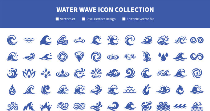 Water Wave Icon Collection with Ocean Splash Ripple and Fluid Nature Symbols for Creative Graphic Design Projects