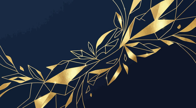 Abstract geometric gold foil crystal and leaf pattern on dark blue background