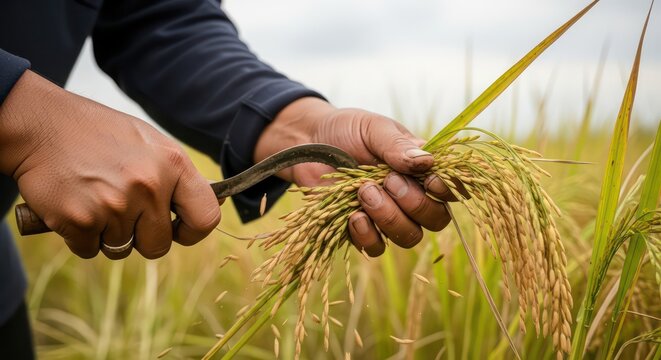 Farmer harvesting ripe rice grains with a sickle in a golden paddy field.