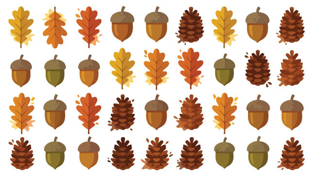Autumn nut and pinecone vector icon pattern.