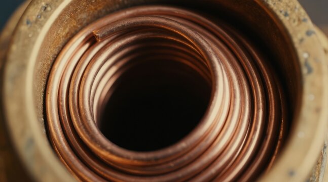 Close-up view of coiled copper wire inside a brass fitting. This metal component shows intricate details of industrial manufacturing and precision engineering.