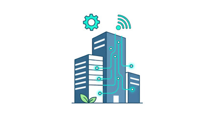 Obraz premium Smart City Technology: Connected Buildings with IoT, Wi-Fi, and Green Energy Icons