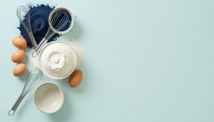 Obraz premium Baking ingredients and kitchen utensils arranged on a light blue background for culinary blog headers, home cooking advertisements and pastry recipe book layouts