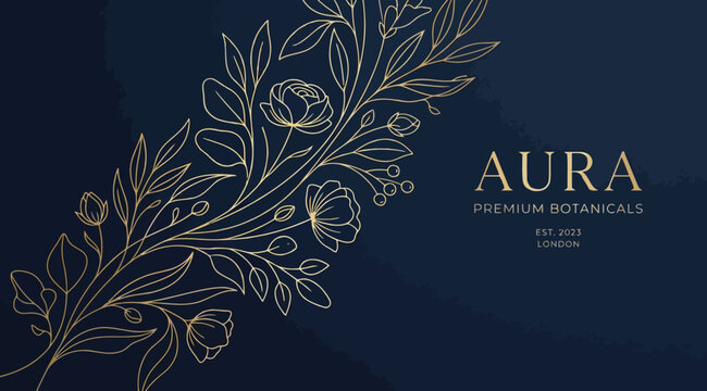 Aura premium botanicals branding design with gold line art floral branch on a dark navy blue background