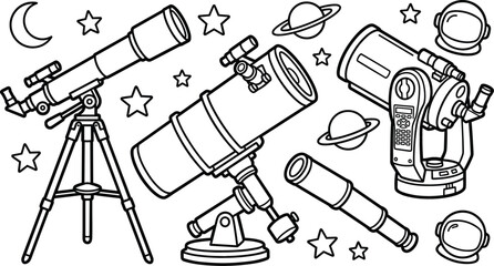Astronomy Telescope Space Observation Line Art Vector Set with Stars Planets and Astronaut Helmets Coloring Page Elements © Md shain