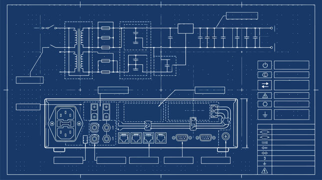 Blue blueprint circuit schematic vector illustration for technology concept design.