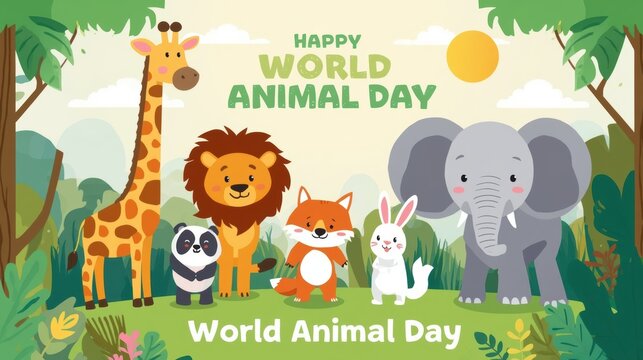 Happy world animal day cartoon illustration with cute giraffe lion panda fox rabbit and elephant in jungle forest