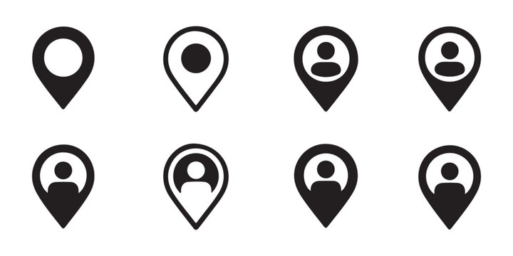 Set of map pointer pins with human user avatar symbols for location tracking and social networking.