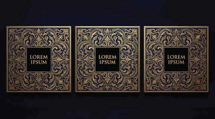 Set of three luxury square panels with gold ornate floral patterns on dark background © S.Siam