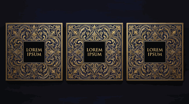 Set of three luxury square panels with gold ornate floral patterns on dark background