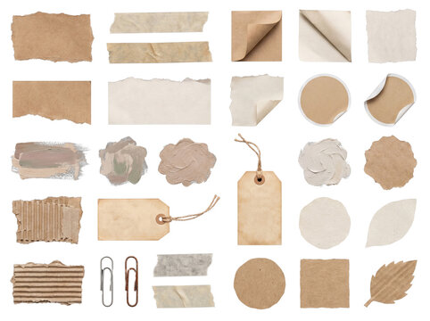 Collection of blank ripped paper scraps tape and cardboard tags