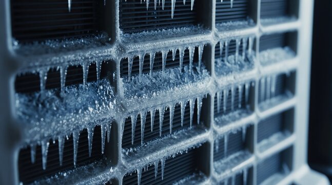 Frozen air conditioner evaporator fins with icicles. Unit malfunction shows ice buildup. Problem with cooling system needs repair. Avoid costly damage.