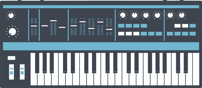 Synthesizer keyboard displays a detailed interface with control knobs and sliders for electronic music production.