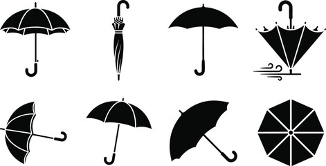 Umbrella Silhouette Vector Icon Set with Open Closed and Wind Blown Rain Protection Graphic Elements © Md shain