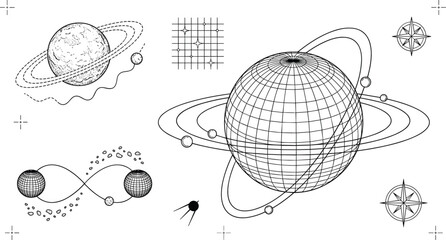 Abstract Celestial Planet Line Art Vector Set with Saturn Rings Astrological Grid and Compass Star Coloring Page Elements © Md shain