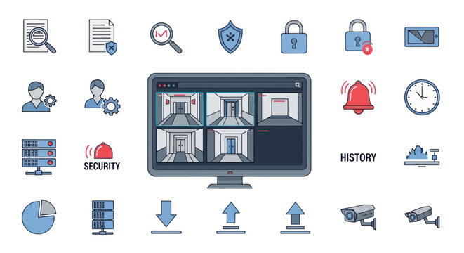 Pixel Art Security System Icons: CCTV Monitor, Surveillance, Lock, Shield, Cloud, Clock, Server