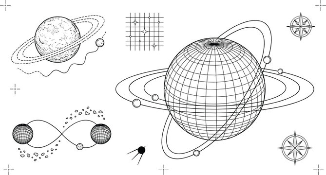 Abstract Celestial Planet Line Art Vector Set with Saturn Rings Astrological Grid and Compass Star Coloring Page Elements