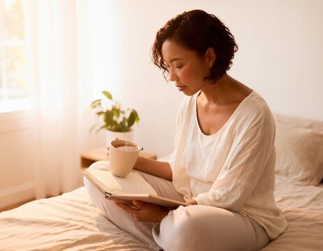 Calm Asian Woman Writing in Journal During Morning Self-Care Routine, Mental Wellness Concept
