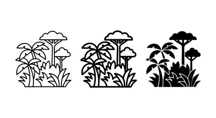 Tropical Jungle Landscape Icons, Palm Trees and Foliage, Vector Set for Nature Design © Samia
