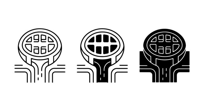 Drainage System Icons, Sewer Grate Vector Graphics, Water Flow Symbols, Urban Infrastructure Elements, Set of 3