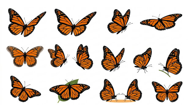 Monarch Butterfly Vector Collection with Flying Danaus Plexippus Wildlife Specimens Isolated on White