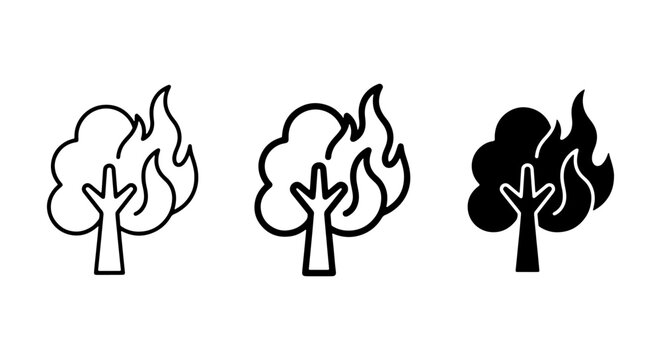 Burning Tree Icons Set, Forest Fire Danger Symbol, Environmental Hazard Vector Graphics, Nature Disaster Warning