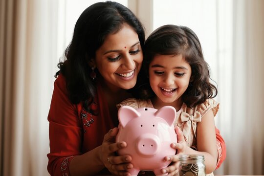 Happy Indian mother and daughter hold pink piggy bank. Child girl laughs looking at savings jar with coins. Woman smiles teaching kid about finance.