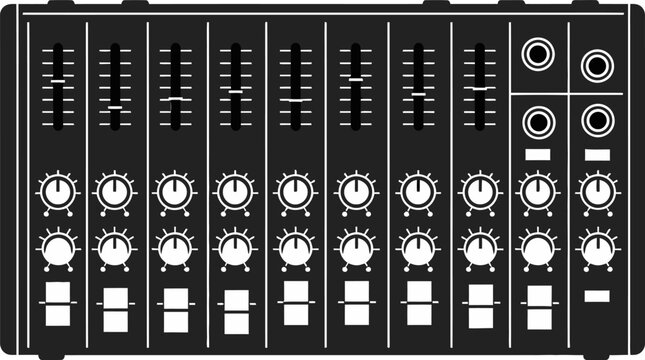 Mixing console displays a complex black control surface with numerous white knobs and vertical faders for multi-track sound management.