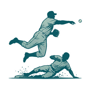 Baseball player sliding into base and fielder jumping to catch ball