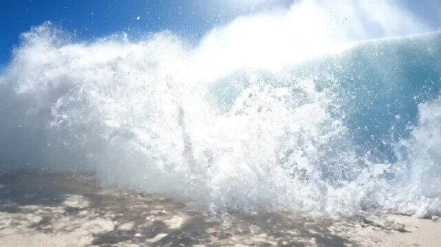 Epic turquoise ocean wave crashing onto a pristine white sandy beach under a bright sunny blue sky