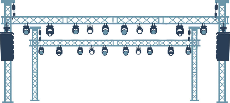 Stage lighting truss systems hanging from metal girders provide the essential illumination structure for concerts and large theater events.