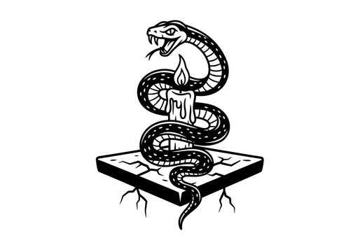 Snake coiled around burning candle flame.