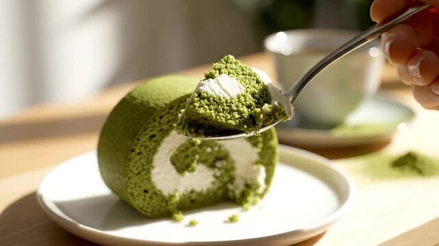 Close-up of matcha green tea swiss roll cake being sampled with spoon, sweet dessert food
