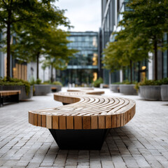 Obraz premium A long s-curved wooden bench on a paved pedestrian plaza outside a modern commercial office building.