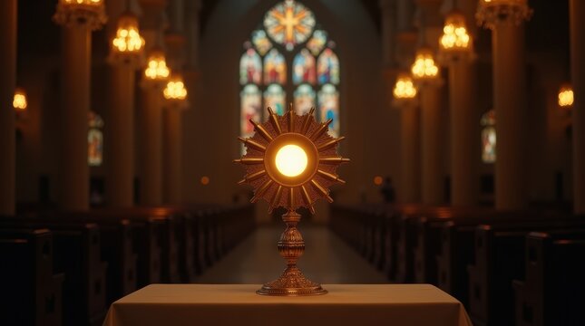 Golden monstrance with the holy eucharist host glowing on an altar inside a dark church with stained glass windows