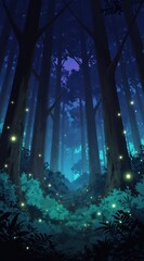 Obraz premium Enchanted forest at night with glowing fireflies lighting winding path. Tall trees, rich foliage create magical, mysterious atmosphere. Sense of wonder, fantasy pervades this serene woodland scene.