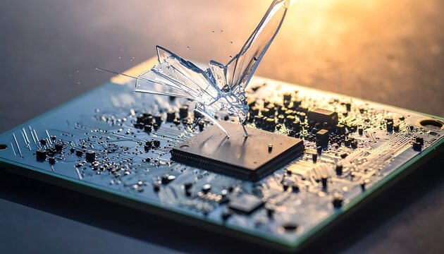 A broken glass on a computer chip with scattered debris