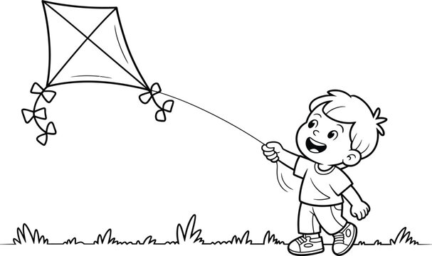 Little boy playing with a kite outdoors coloring page illustration coloring outdoors activity illustration children recreation playtime creative printable education development