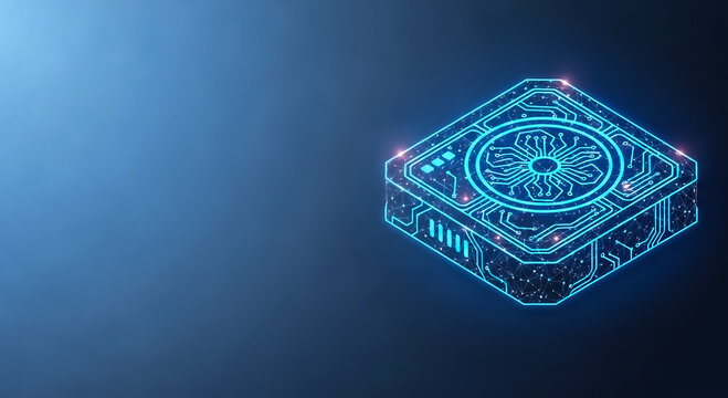 A modern, high-tech CPU or GPU with a sleek design, glowing lights, and detailed circuitry, set against a dark blue background.