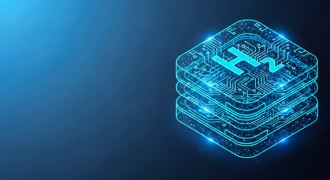 A modern, layered circuit icon with glowing blue lines, representing technology, innovation, and digital networks on a dark gradient background.