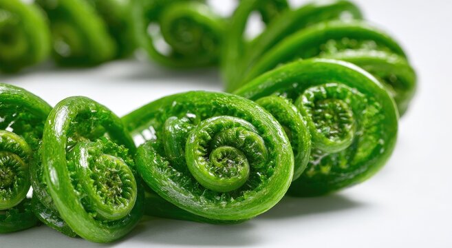 Close-up of vibrant green fiddleheads unfurling in a spiral pattern on a white background.