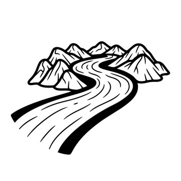 Winding road to mountain peaks landscape.