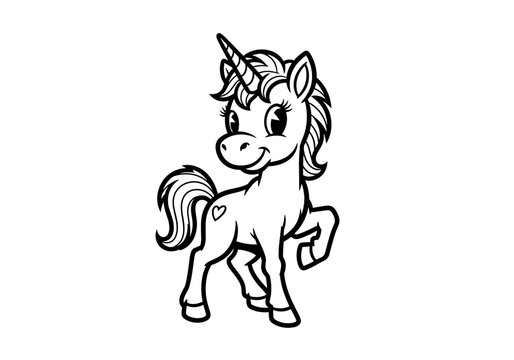 Smiling cartoon unicorn with a horn.