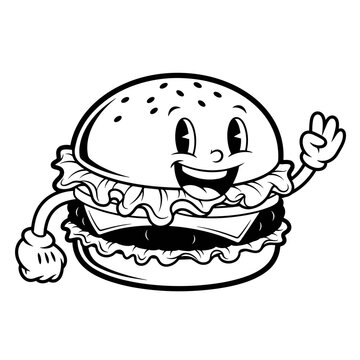 Smiling Cartoon Hamburger Character Waving Hand.